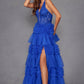 Juliet JT2556S Halter V-Neckline Layered Tulle Slit A-Line Gown