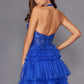 Juliet JT2556S Halter V-Neckline Layered Tulle Slit A-Line Gown