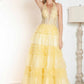 Juliet JT2556S Halter V-Neckline Layered Tulle Slit A-Line Gown