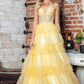 Juliet JT2556S Halter V-Neckline Layered Tulle Slit A-Line Gown
