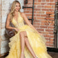 Juliet JT2556S Halter V-Neckline Layered Tulle Slit A-Line Gown