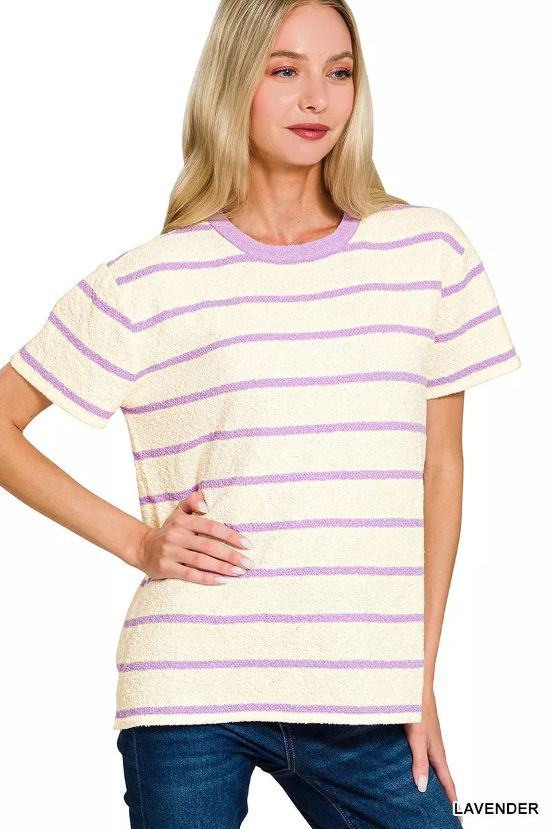 Zenana Textured Striped Crew Neck T-Shirt - Farnelli
