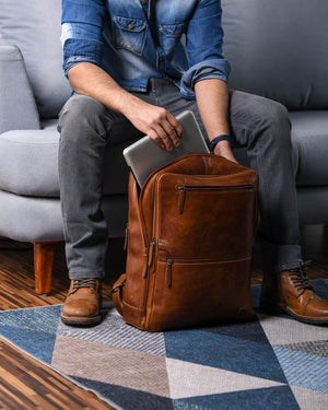 Classy Leather Bags Transit Voyager Backpack Pro with multiple compartments and padded straps, designed for travel and daily use.