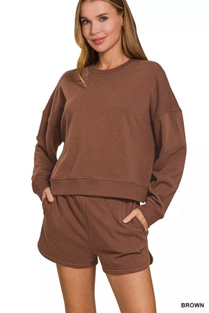 Zenana Fleece Long Sleeve Sweatshirts and Shorts Set - Farnelli