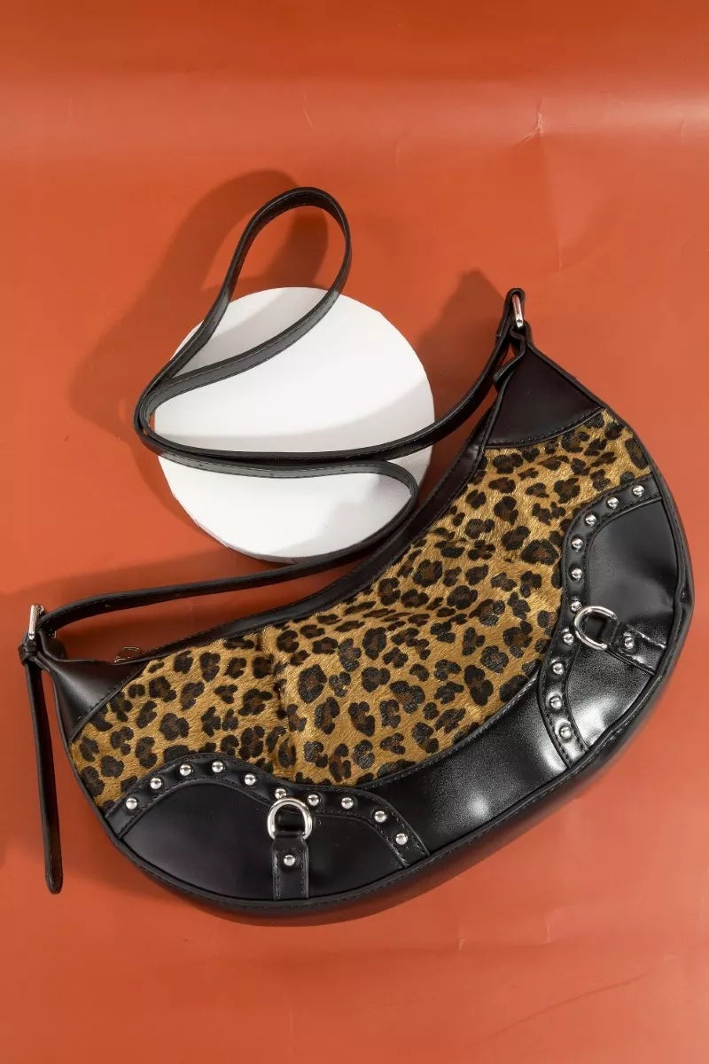 Fame Leopard Print Half Moon Shoulder Bag - Farnelli