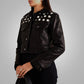 Women's Black Shearling Studded Textured Cropped Leather Jacket