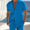 Men's Full Size Button Detail Short Sleeve Top and Shorts Set Plus Size - Blue