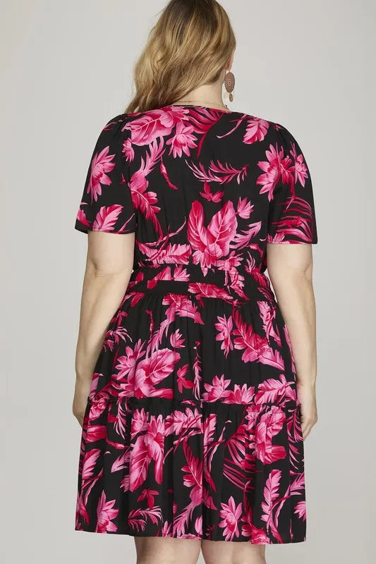 She + Sky Full Size Printed Notched Short Sleeve Frill Tiered Dress Plus Size - Farnelli