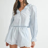 MABLE Long Sleeve Scallop Blouse and Shorts Set - Lt Blue