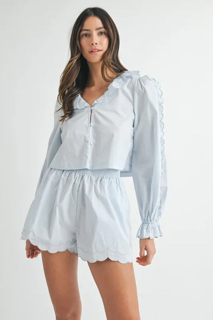 MABLE Long Sleeve Scallop Blouse and Shorts Set - Farnelli