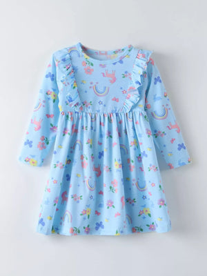 Children's Unicorn Rainbow Print Ruffle Trim Long Sleeve Dress - Farnelli