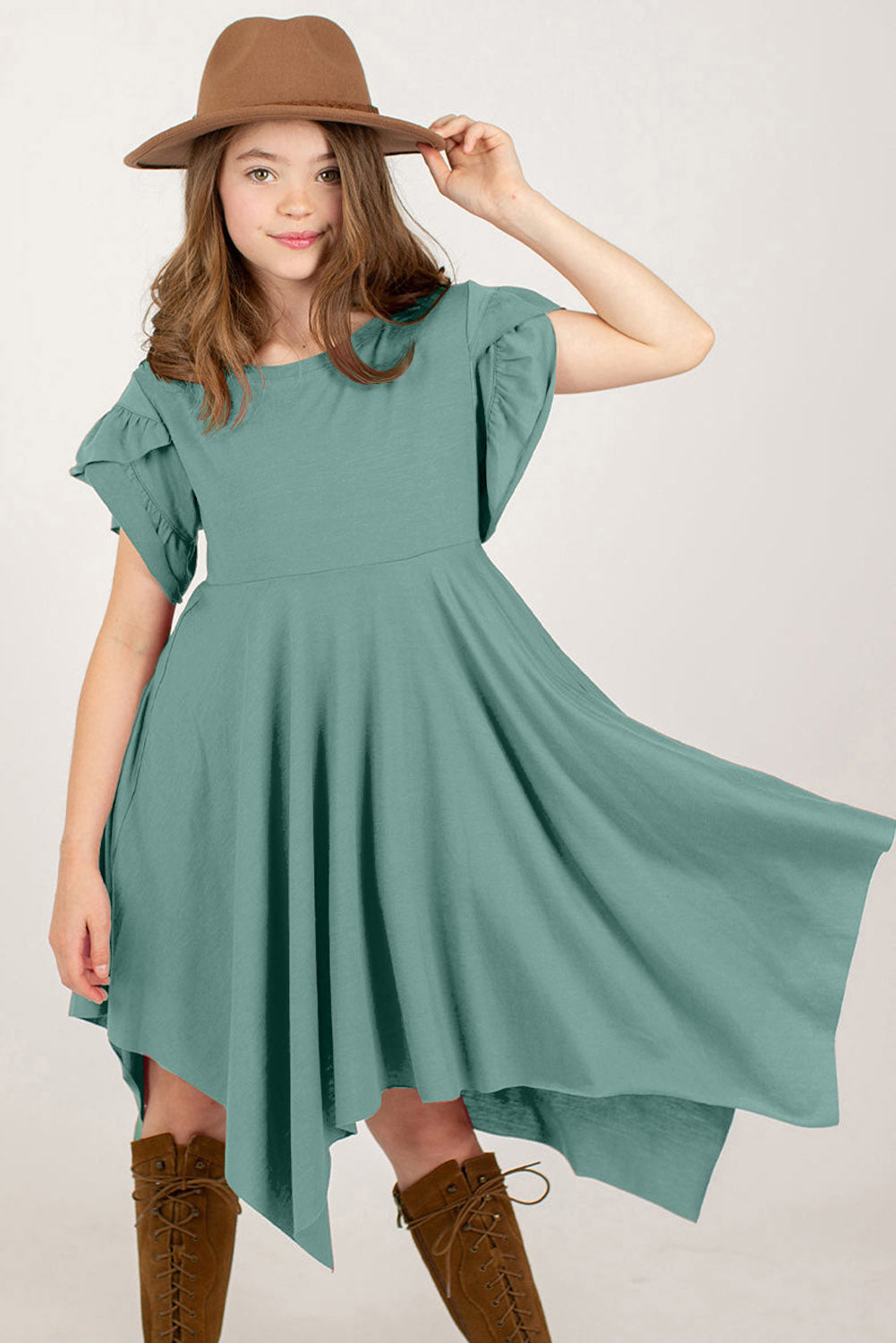 Round Neck Petal Sleeve Dress - Farnelli