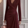 Ruched Surplice Long Sleeve Dress - Burgundy