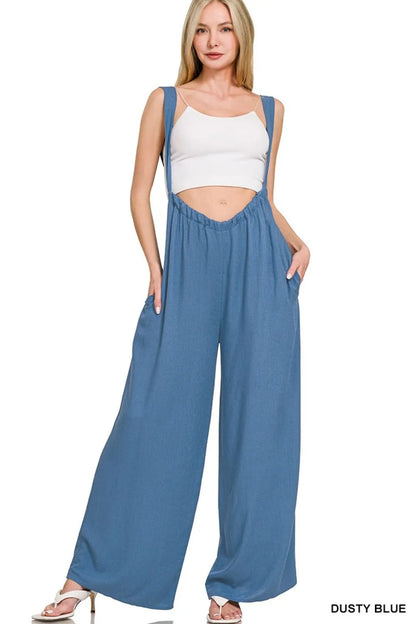 Zenana Woven Tie Back Suspender Jumpsuit - Farnelli
