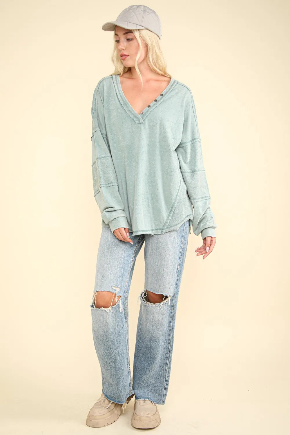 VERY J Washed V-Neck Exposed Seam Knit Top - Farnelli