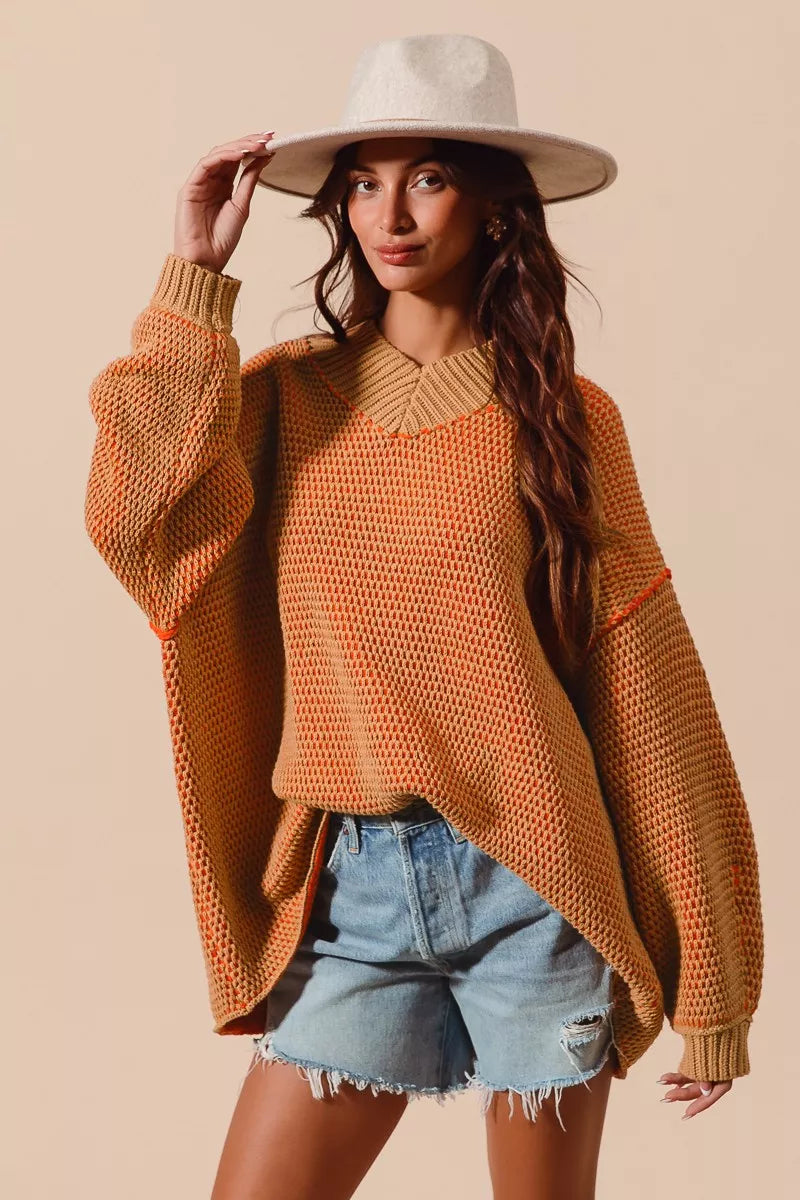 SO ME Oversized Two Tone Textured V Neck Sweater - Farnelli