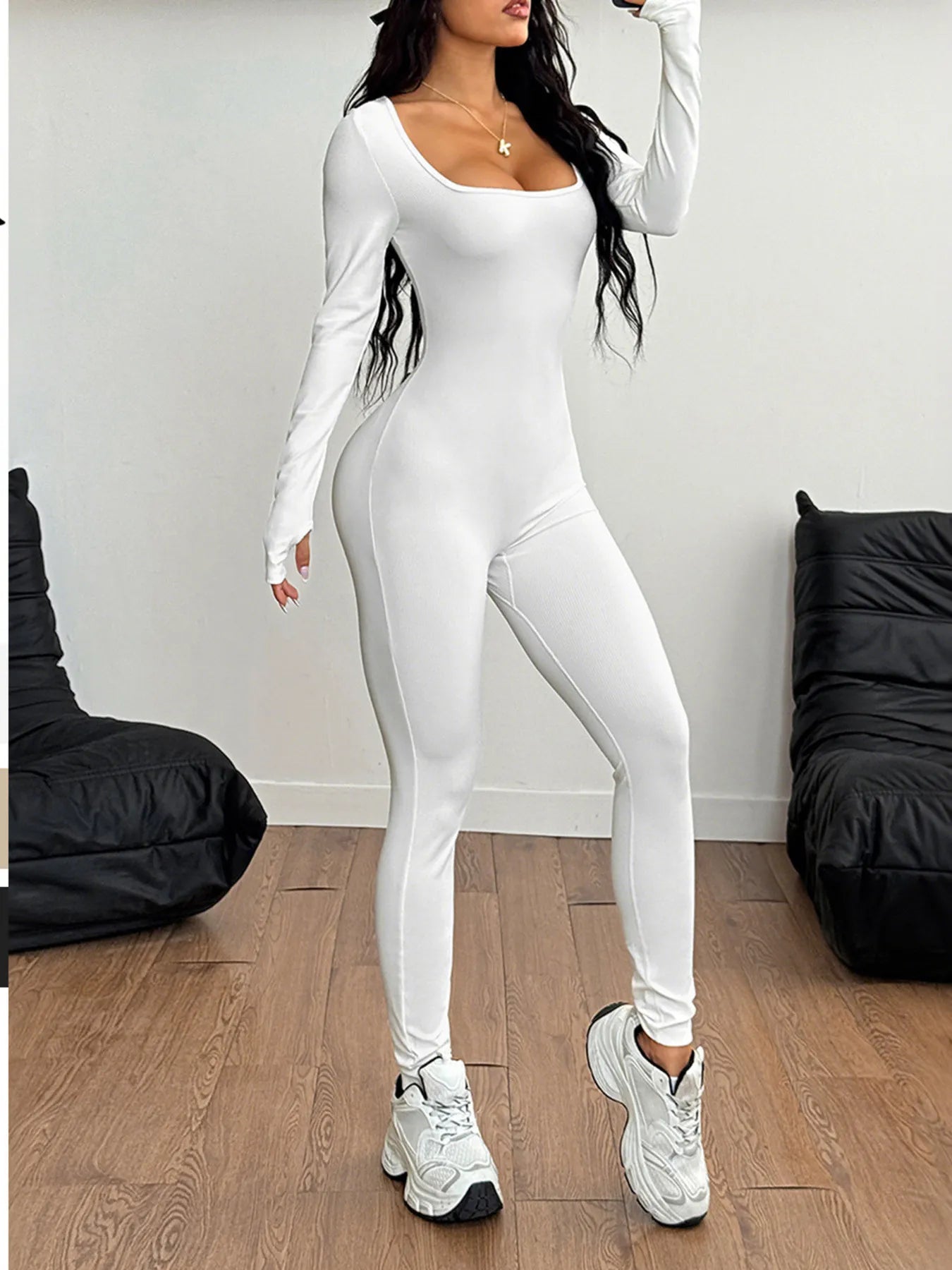 Square Neck Long Sleeve Active Jumpsuit - Farnelli