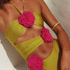 Flower Cutout Halter Neck One-Piece Swimwear - Yellow-Green