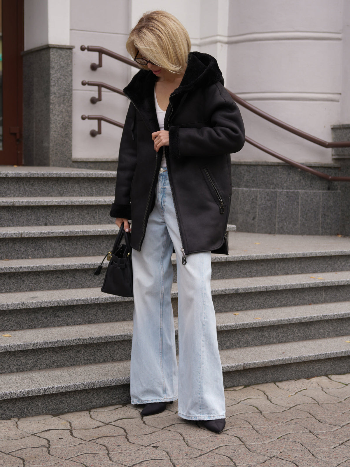 Alaska® Grazia reversible black faux shearling hooded coat parka with plush lining and front pockets