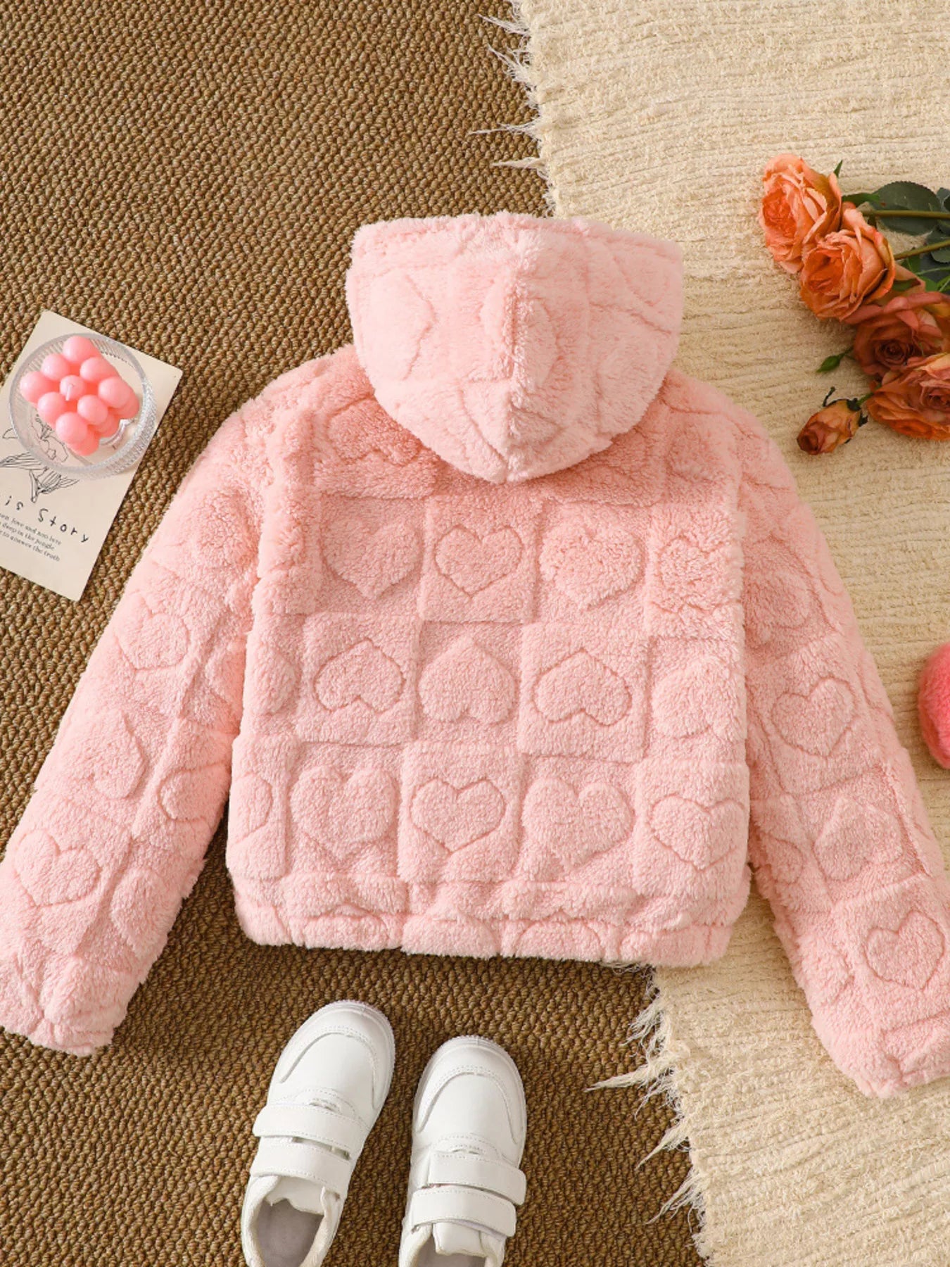 Children's Heart Pattern Fuzzy Hooded Outerwear - Farnelli