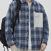 Men's Plus Size Plaid Button Down Shirt with Contrast Pocket - Blue