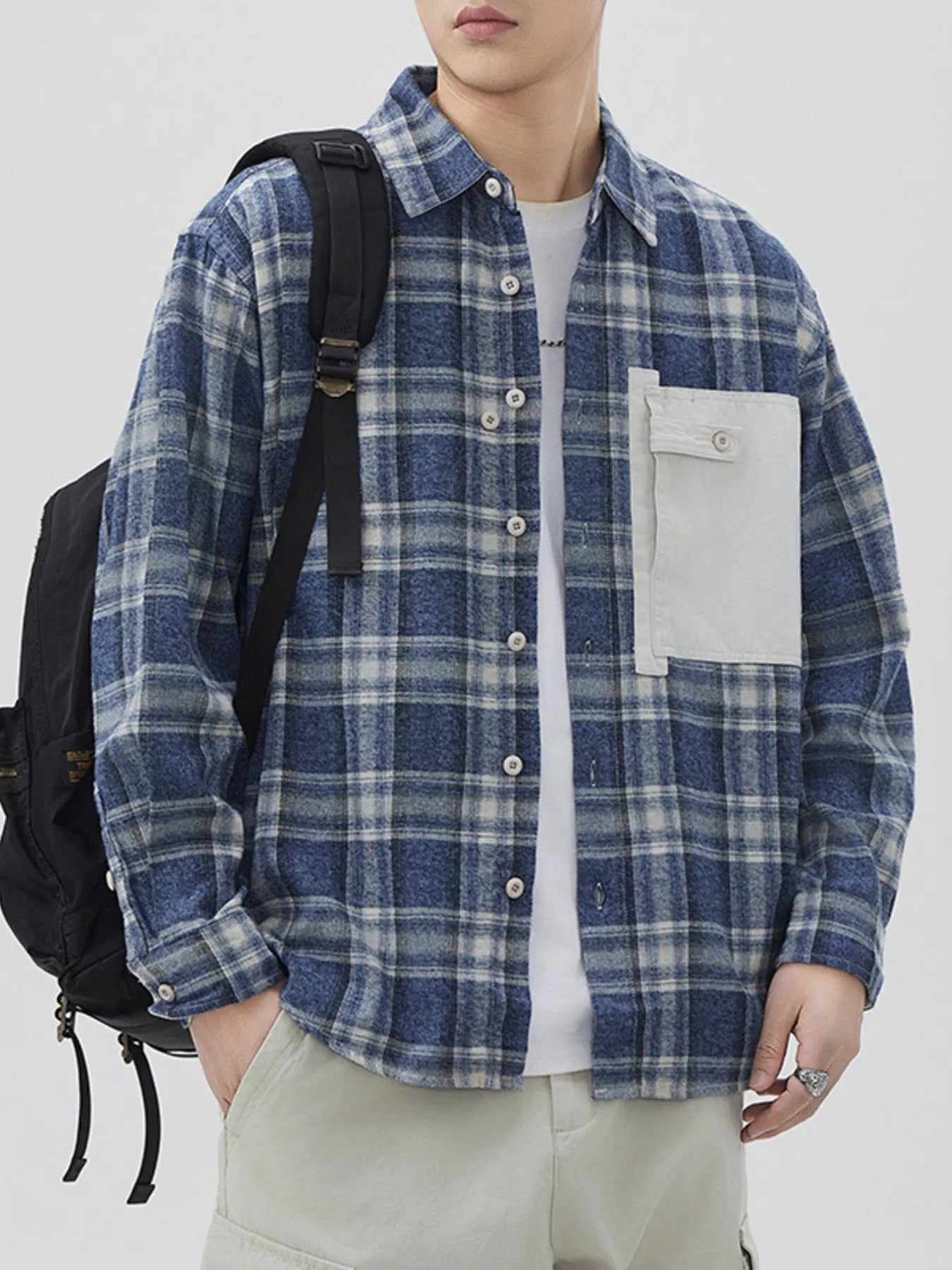 Men's Plus Size Plaid Button Down Shirt with Contrast Pocket - Farnelli
