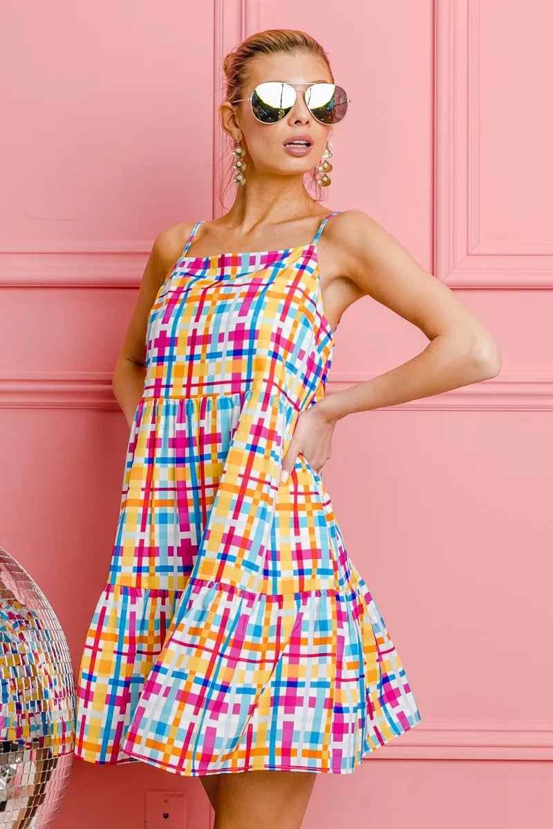 BiBi Multi Colors Plaid Sleeveless Sun Dress - Farnelli