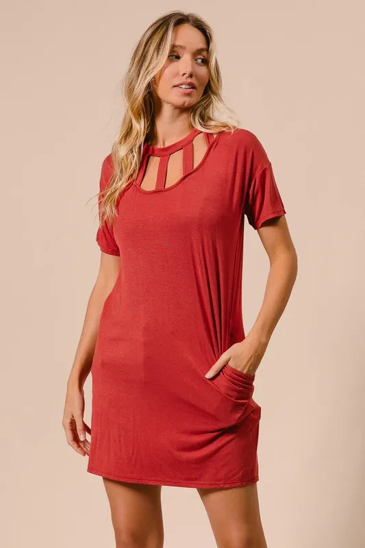 BiBi Front Cutout Mini Tee Dress with Pockets - Farnelli
