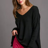 Umgee V-Neck High Low Hem Knit Top with Side Slit - Black