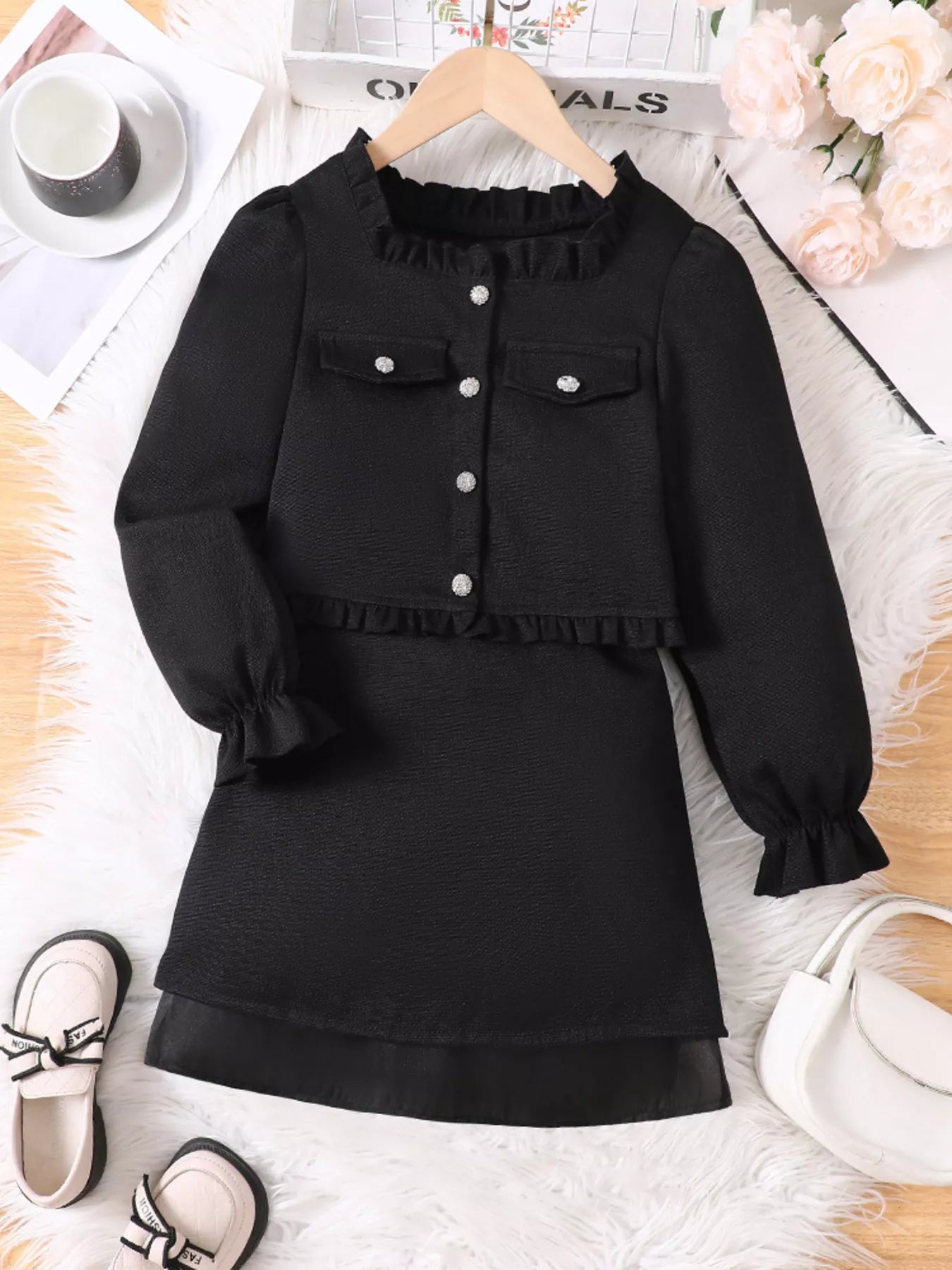 Children's Ruffle Trim Top and Skirt Two-Piece Outfit Set - Farnelli