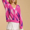 Umgee Full Size Argyle Pattern V-Neck Button Front Cardigan Plus Size - Hot Pink