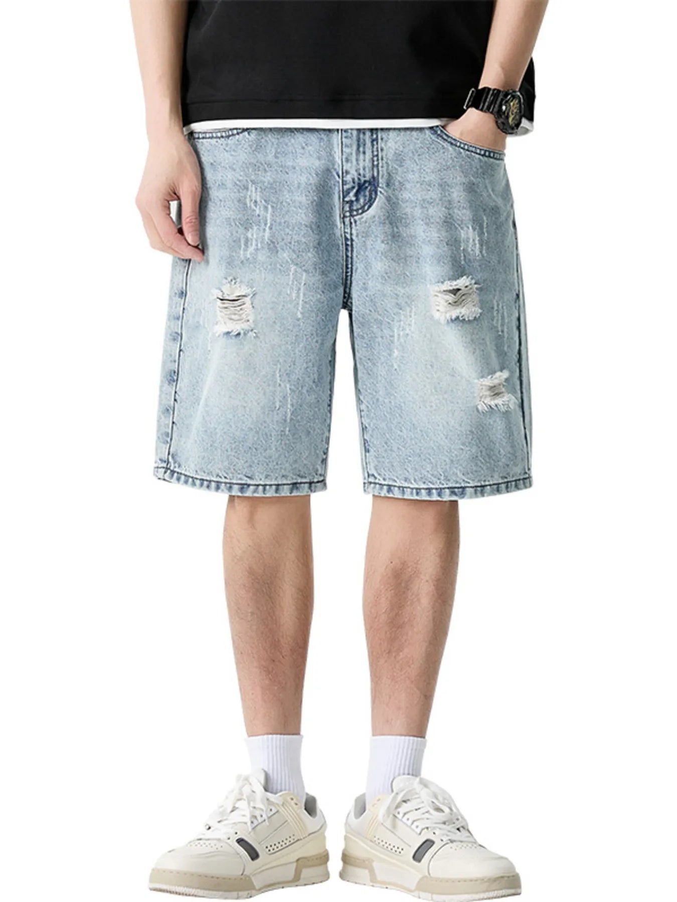 Men's Wide Leg Distressed Denim Shorts - Farnelli