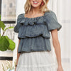 ADORA Washed Denim Layered Ruffle Blouse - DENIM