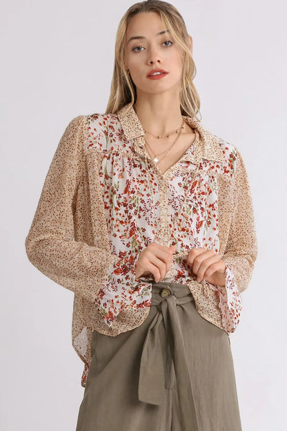 Umgee Full Size Mixed Print Metallic Detail Long Ruffle Sleeve Button Down Shirt Plus Size - Farnelli
