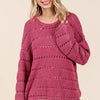 Mittoshop Openwork Round Neck Drop Shoulder Sweater - RASPBERRY
