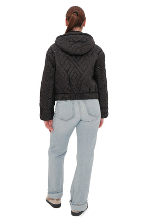 Black studded light demi-season hooded cropped jacket by Alaska® Outerwear Company, featuring a stylish design and hood.