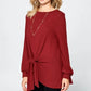 Super Lady Full Size Round Neck Knot Front Hacci Blouse - Farnelli