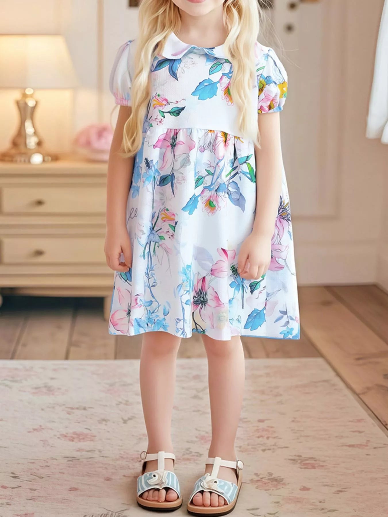 Children's Floral Print Peter Pan Collar Puff Sleeve Dress - Farnelli