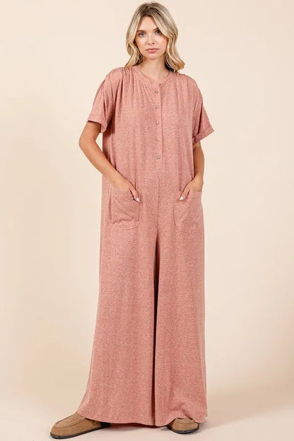Mittoshop Button Detail Short Sleeve Wide Leg Jumpsuit - Farnelli