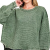 Zenana Acid Washed Exposed-Seam Sweatshirt - DK GREEN