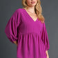 Umgee Full Size V-Neck Puffed 3/4 Sleeve Babydoll Blouse Plus Size - Farnelli