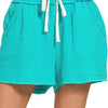 Zenana Double Gauze Elasticband Drawstring Waist Shorts - TURQUOISE