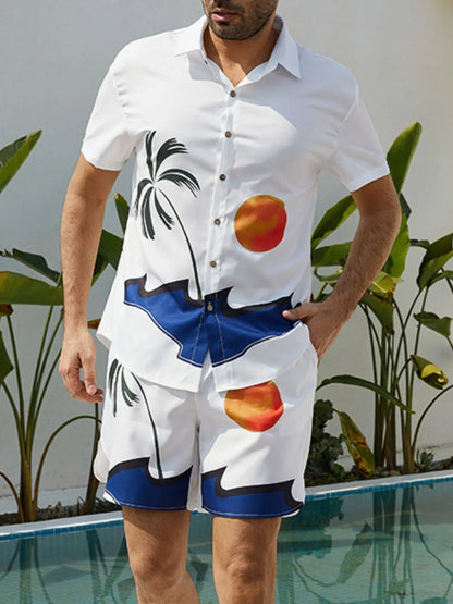 Men's Full Size Button Up Shirt and Shorts Set Plus Size - Farnelli
