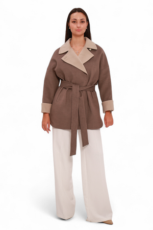 Alaska® Sandro cashmere blend overcoat in latte color, shown on a hanger with a smooth fabric texture and classic coat design.