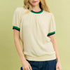 Umgee Puff Sleeve Knit Top with Contrast Rib Trim - ECRU