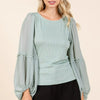 Mittoshop Mixed Media Textured Knit Chiffon Long Sleeve Top - Sage
