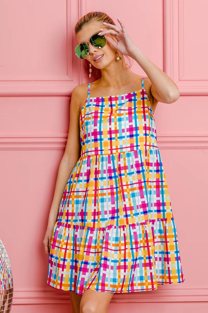 BiBi Multi Colors Plaid Sleeveless Sun Dress - Farnelli