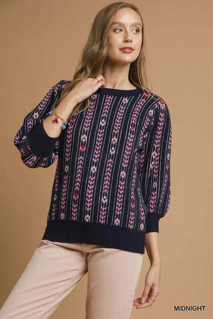 Umgee Jacquard Knit Puff Sleeve Sweater - Farnelli