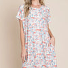 BOMBOM Printed Round Neck Short Sleeve Tee Dress - Red