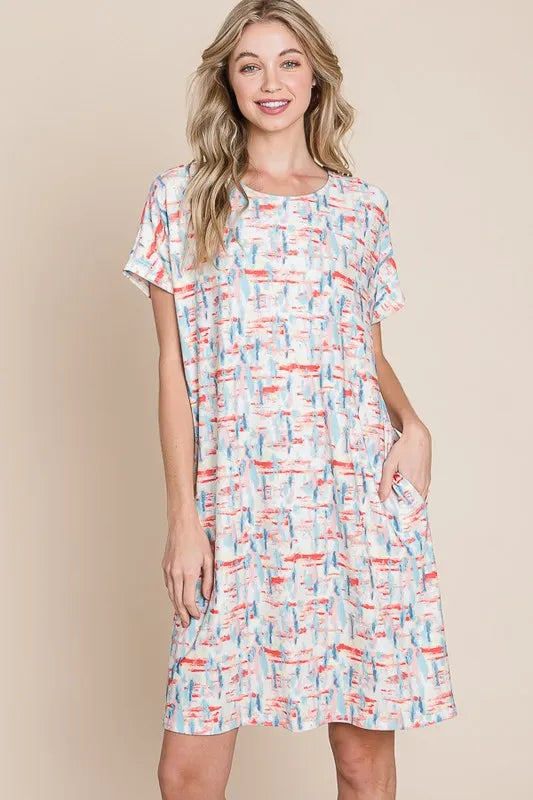BOMBOM Printed Round Neck Short Sleeve Tee Dress - Farnelli
